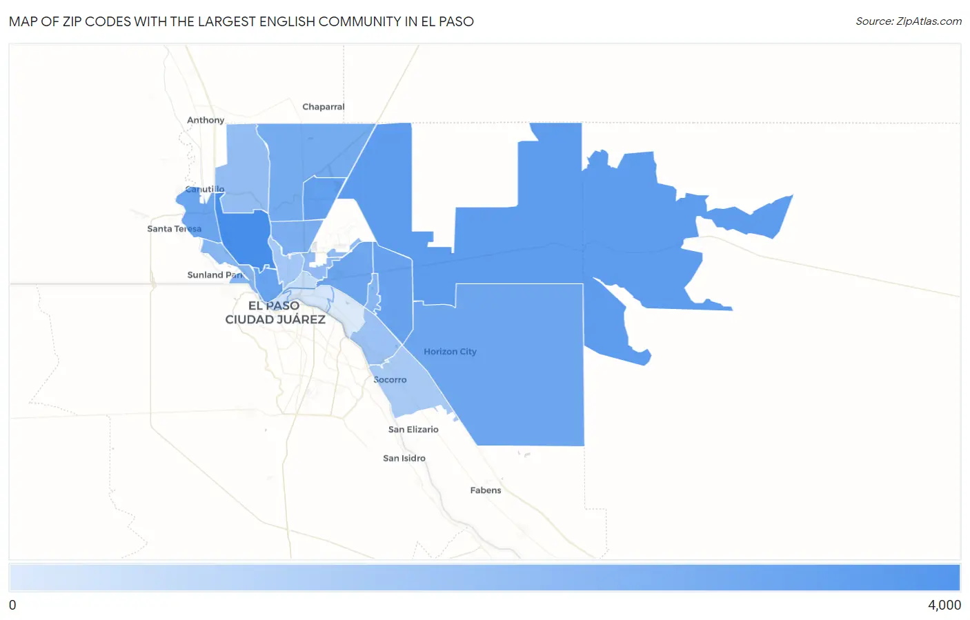 Zip Codes with the Largest English Community in El Paso Map