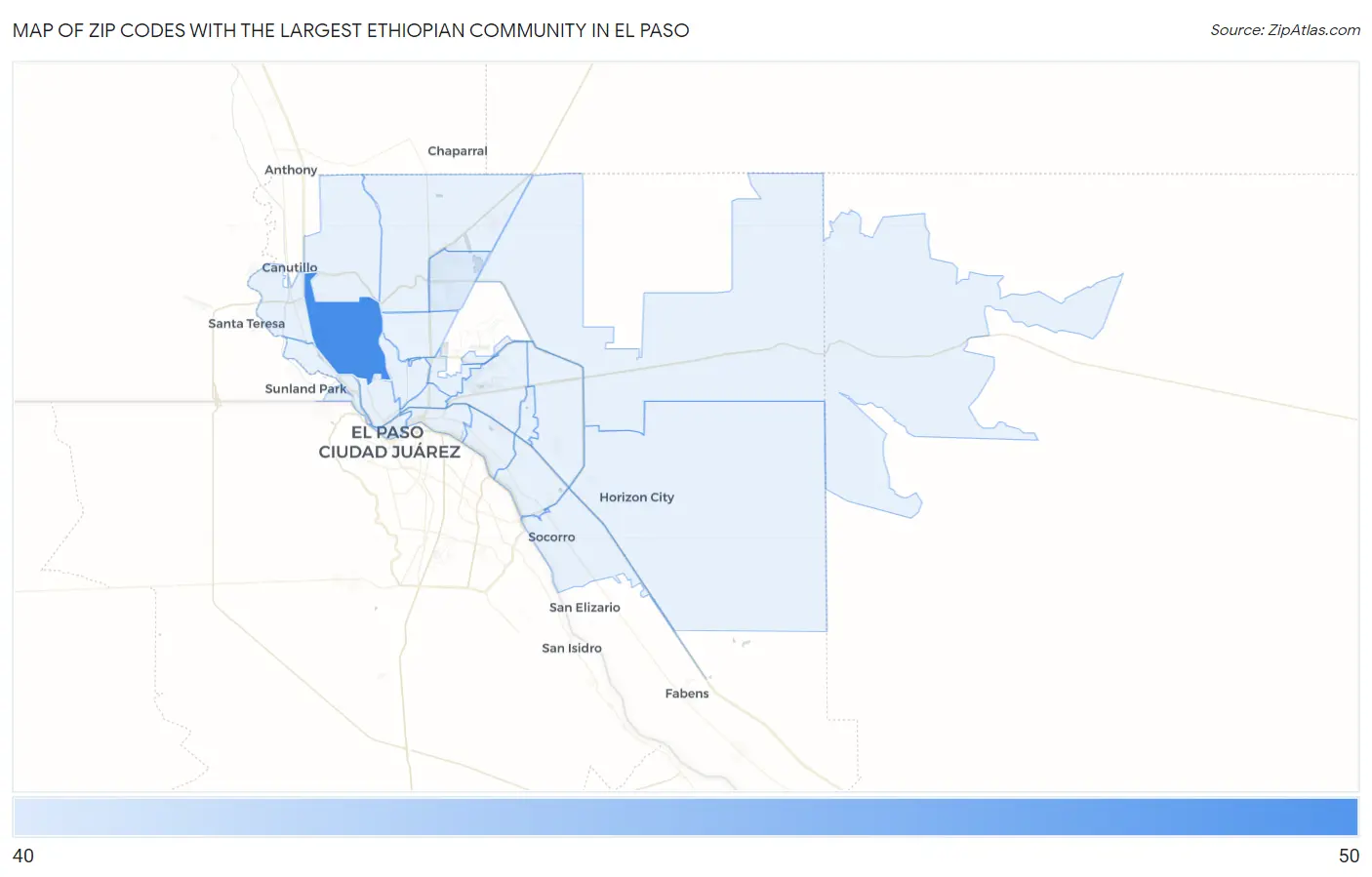 Zip Codes with the Largest Ethiopian Community in El Paso Map