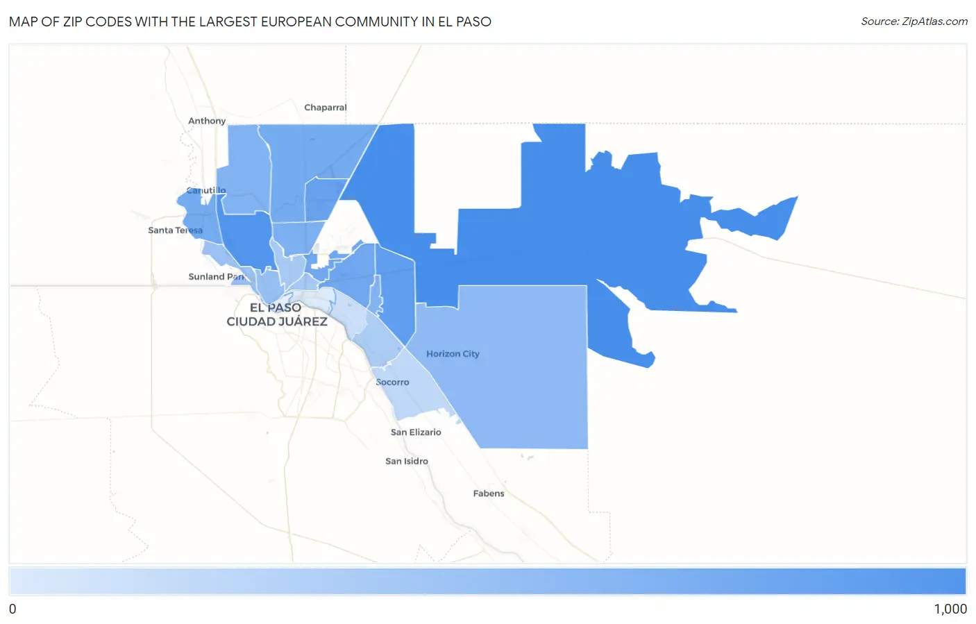 Zip Codes with the Largest European Community in El Paso Map