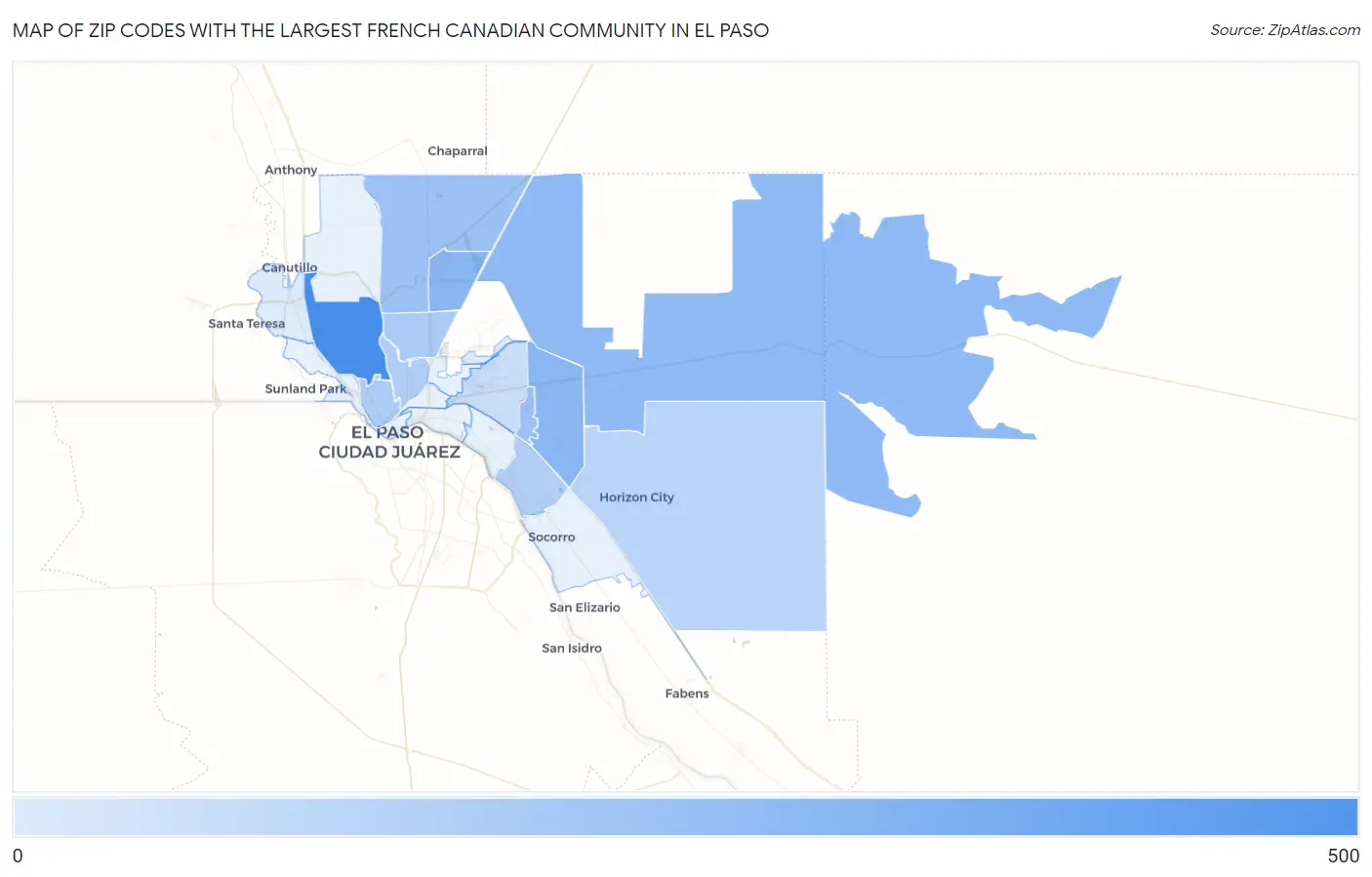 Zip Codes with the Largest French Canadian Community in El Paso Map