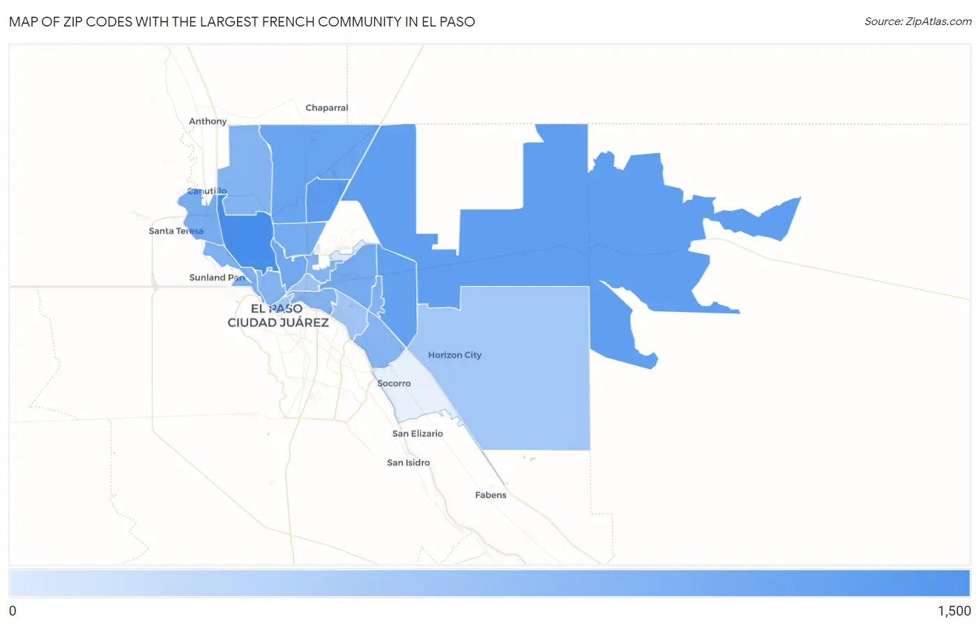 Zip Codes with the Largest French Community in El Paso Map