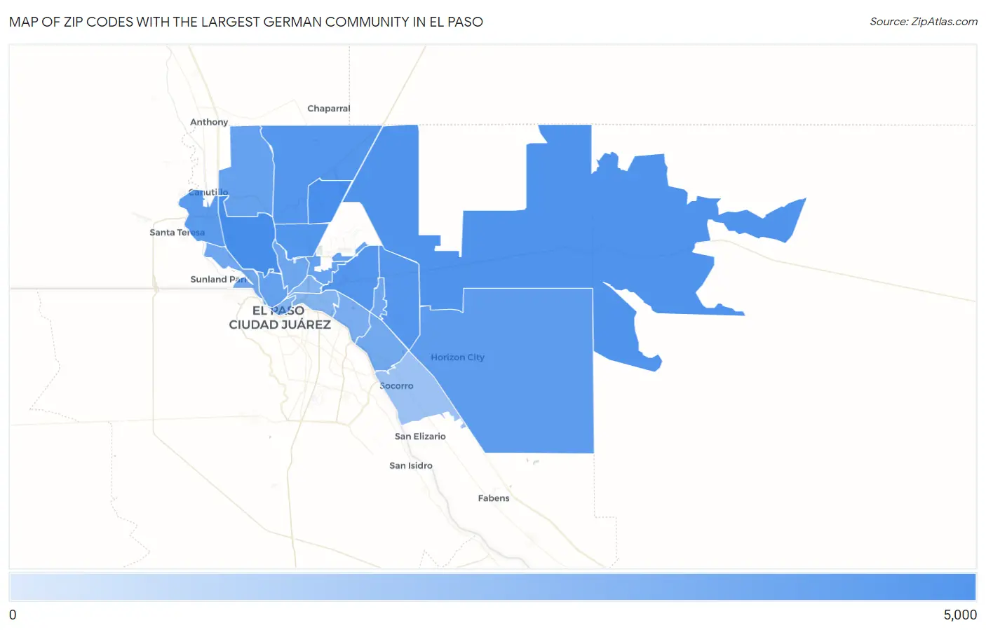 Zip Codes with the Largest German Community in El Paso Map