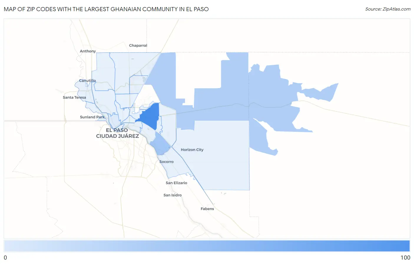 Zip Codes with the Largest Ghanaian Community in El Paso Map
