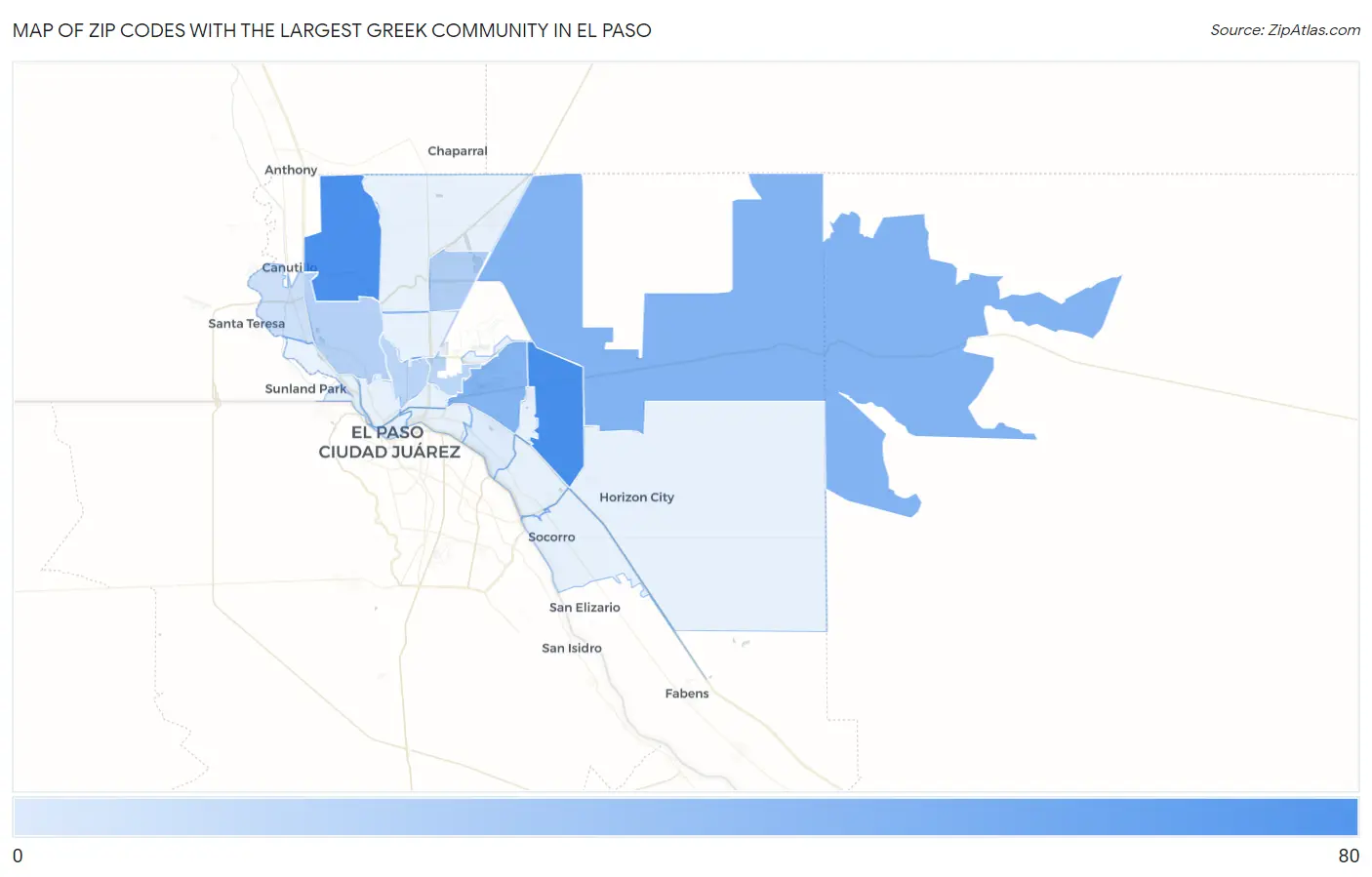 Zip Codes with the Largest Greek Community in El Paso Map