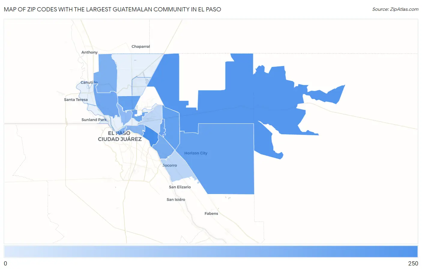 Zip Codes with the Largest Guatemalan Community in El Paso Map