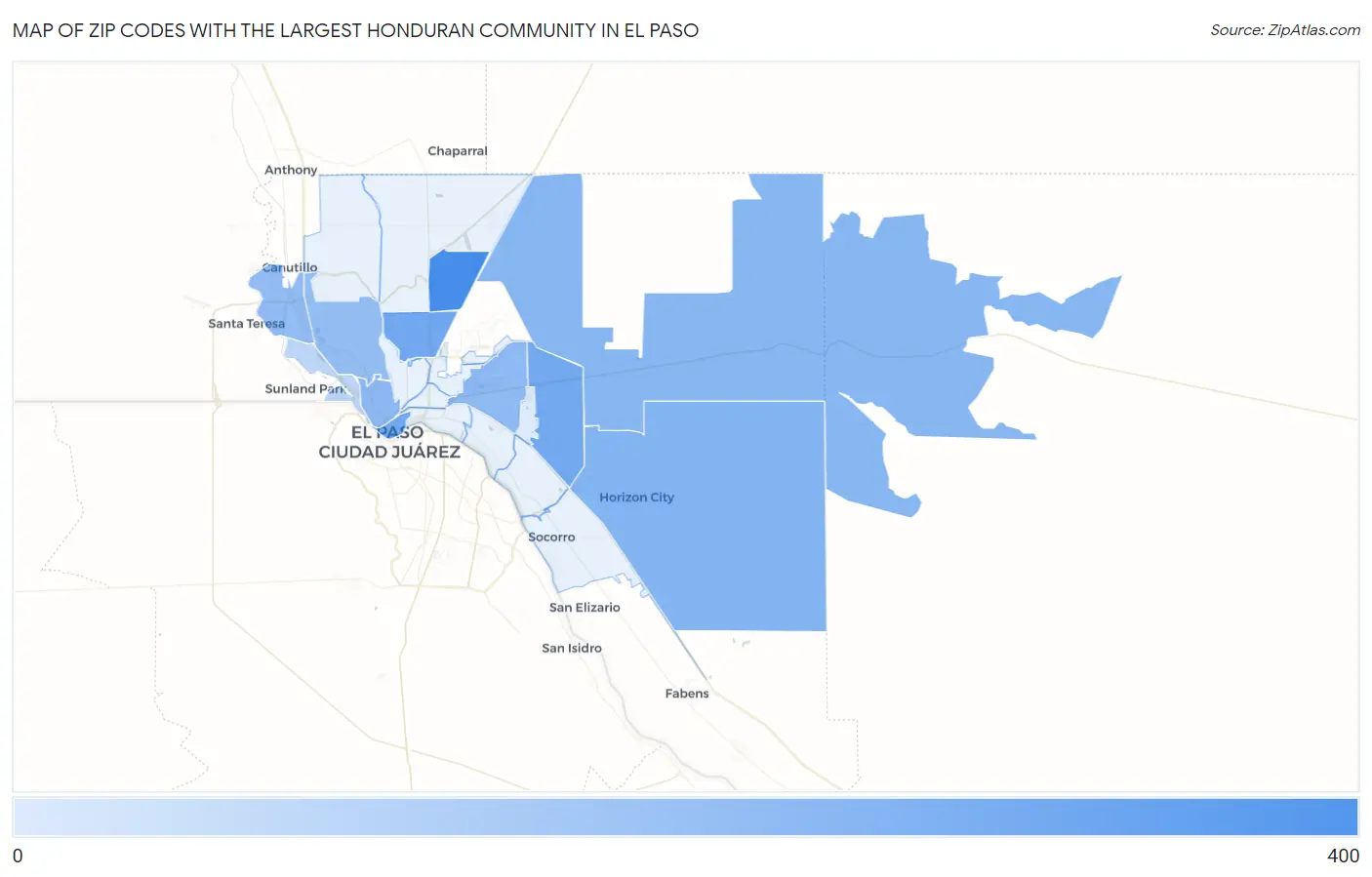 Zip Codes with the Largest Honduran Community in El Paso Map