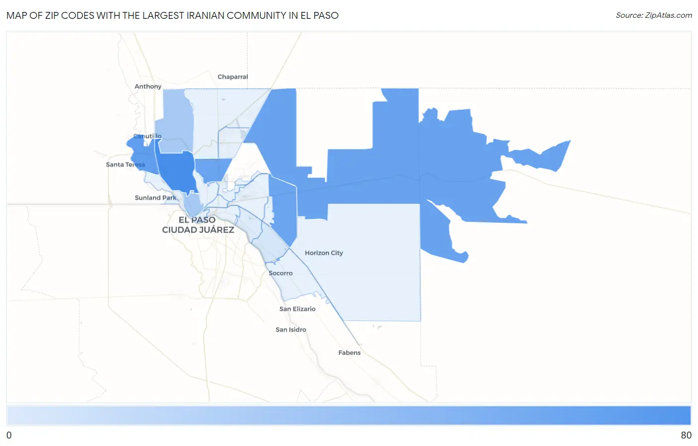 Zip Codes with the Largest Iranian Community in El Paso Map