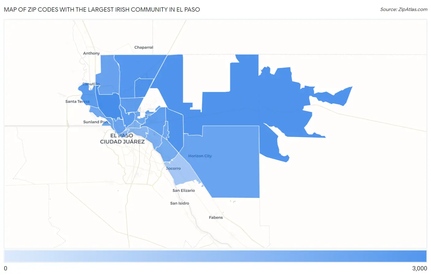 Zip Codes with the Largest Irish Community in El Paso Map