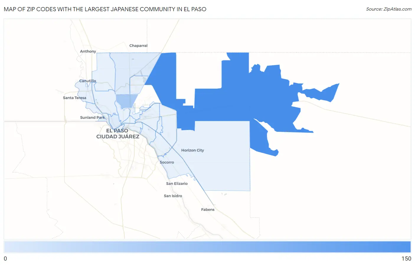 Zip Codes with the Largest Japanese Community in El Paso Map