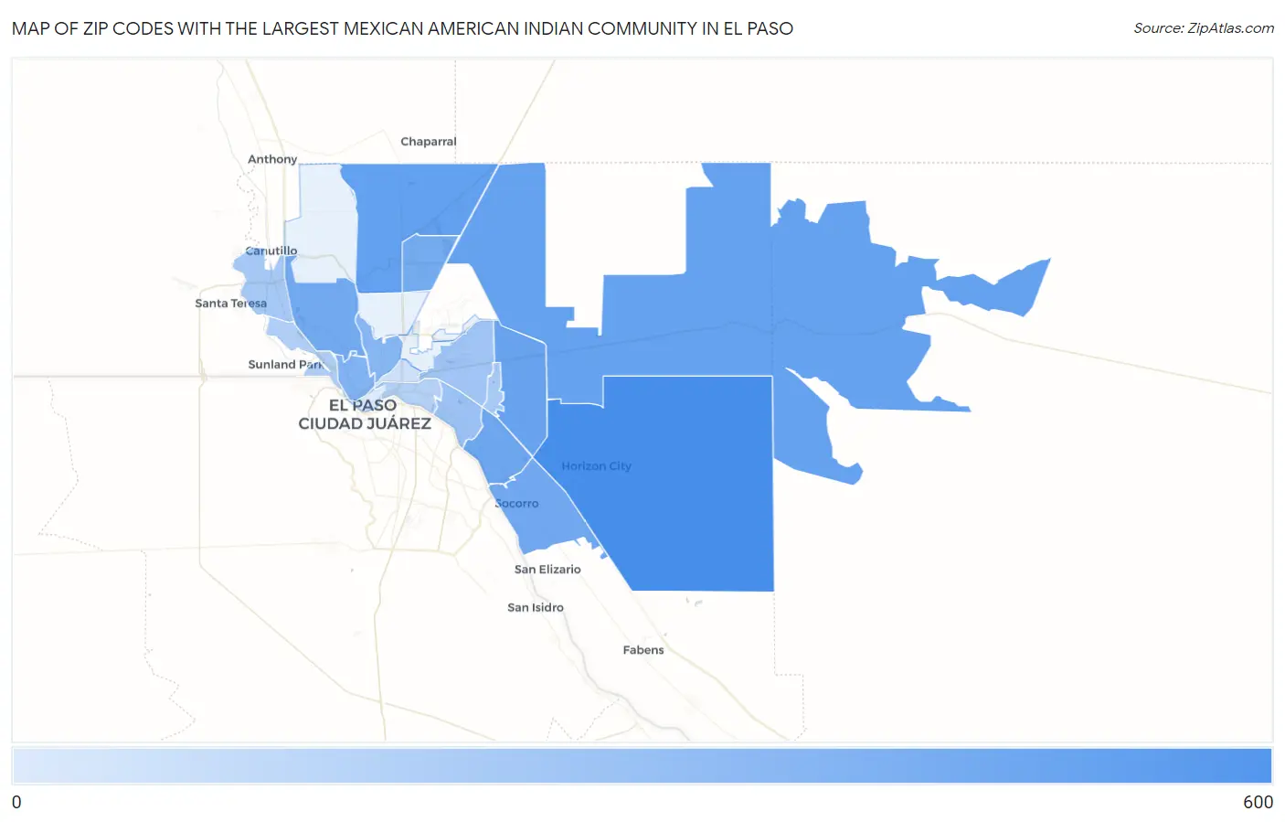 Zip Codes with the Largest Mexican American Indian Community in El Paso Map
