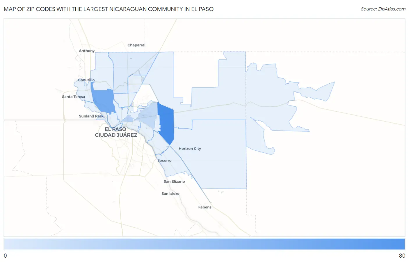 Zip Codes with the Largest Nicaraguan Community in El Paso Map
