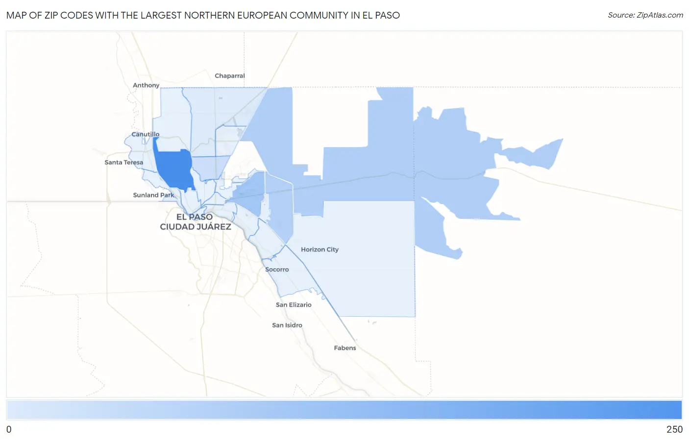 Zip Codes with the Largest Northern European Community in El Paso Map