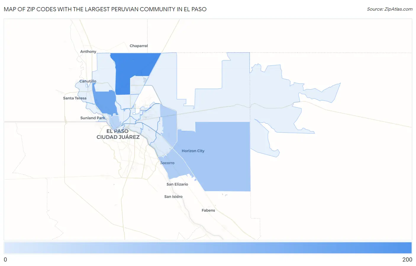 Zip Codes with the Largest Peruvian Community in El Paso Map