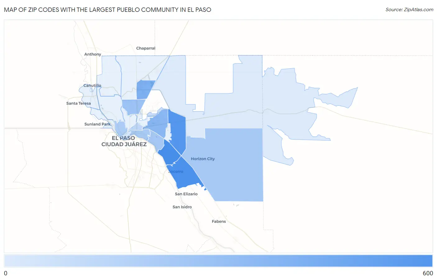 Zip Codes with the Largest Pueblo Community in El Paso Map