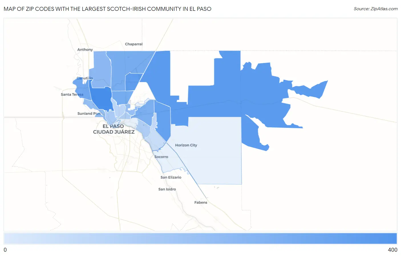 Zip Codes with the Largest Scotch-Irish Community in El Paso Map