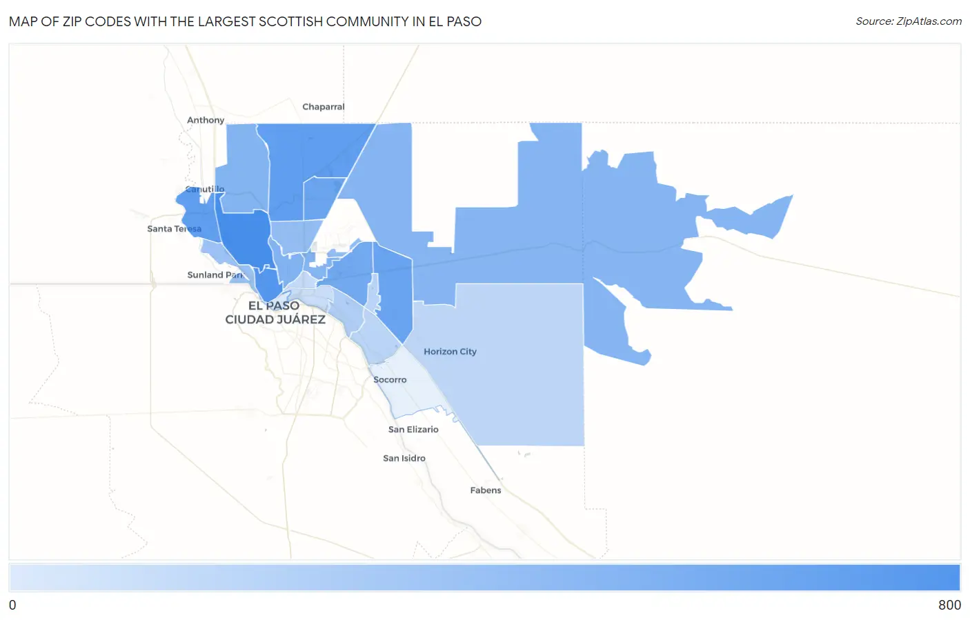 Zip Codes with the Largest Scottish Community in El Paso Map