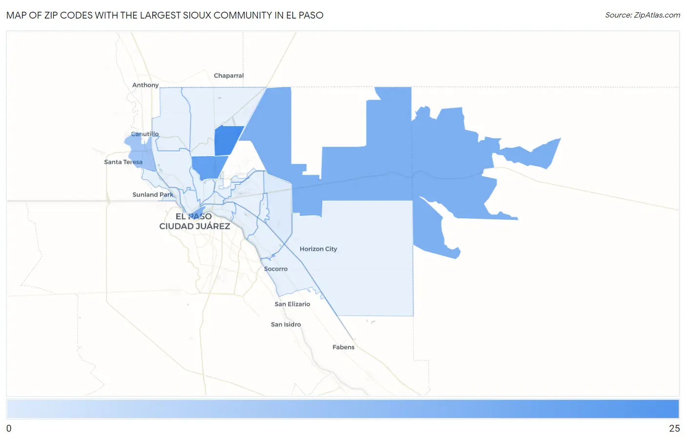 Zip Codes with the Largest Sioux Community in El Paso Map