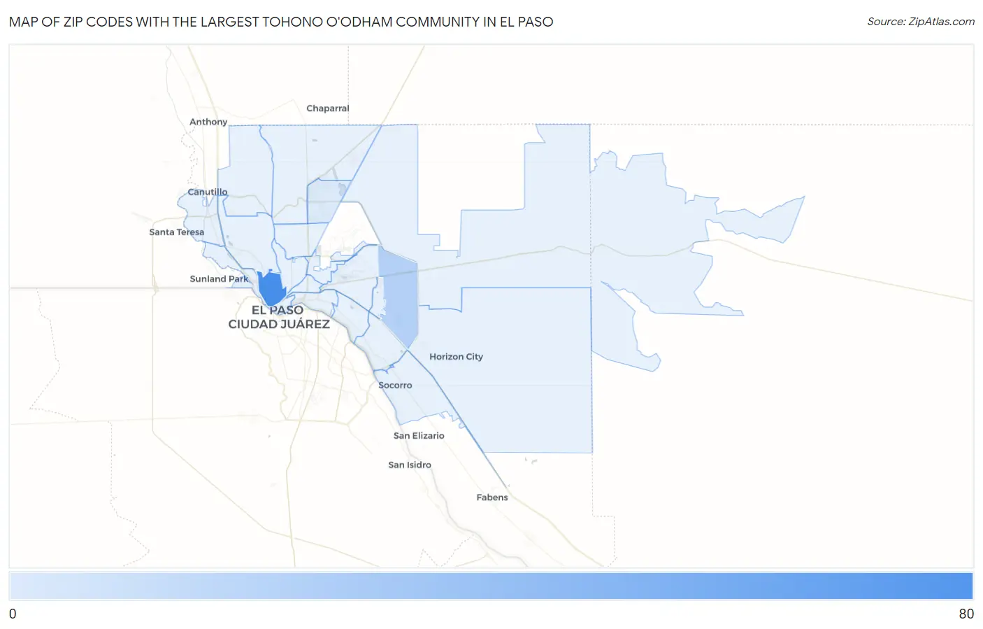 Zip Codes with the Largest Tohono O'Odham Community in El Paso Map