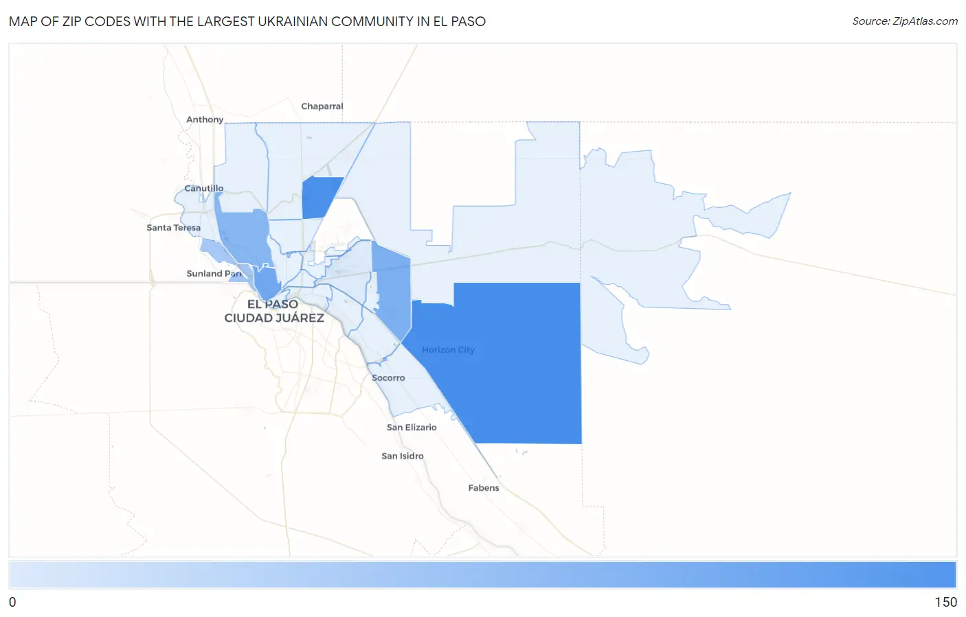 Zip Codes with the Largest Ukrainian Community in El Paso Map