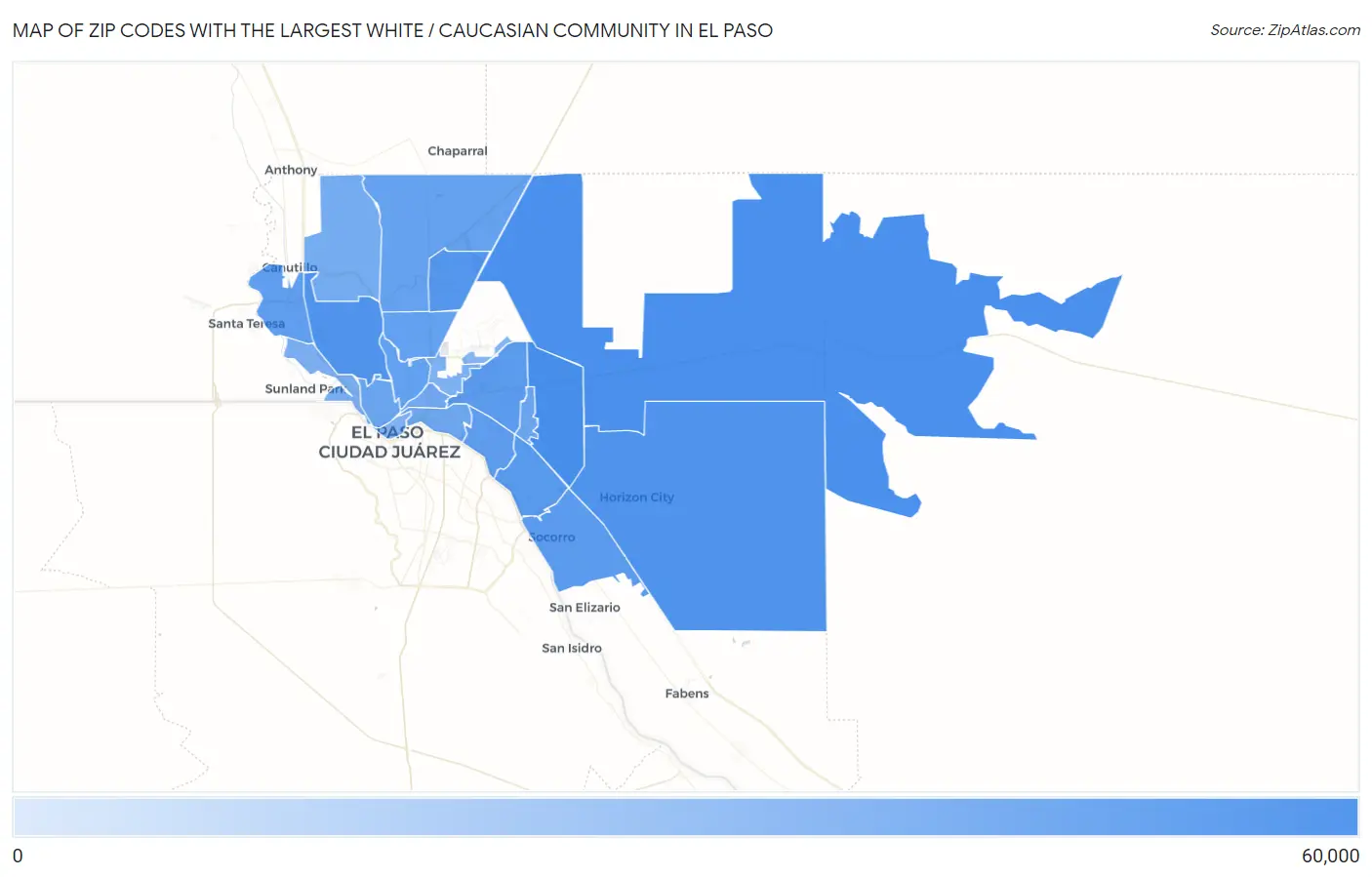 Zip Codes with the Largest White / Caucasian Community in El Paso Map