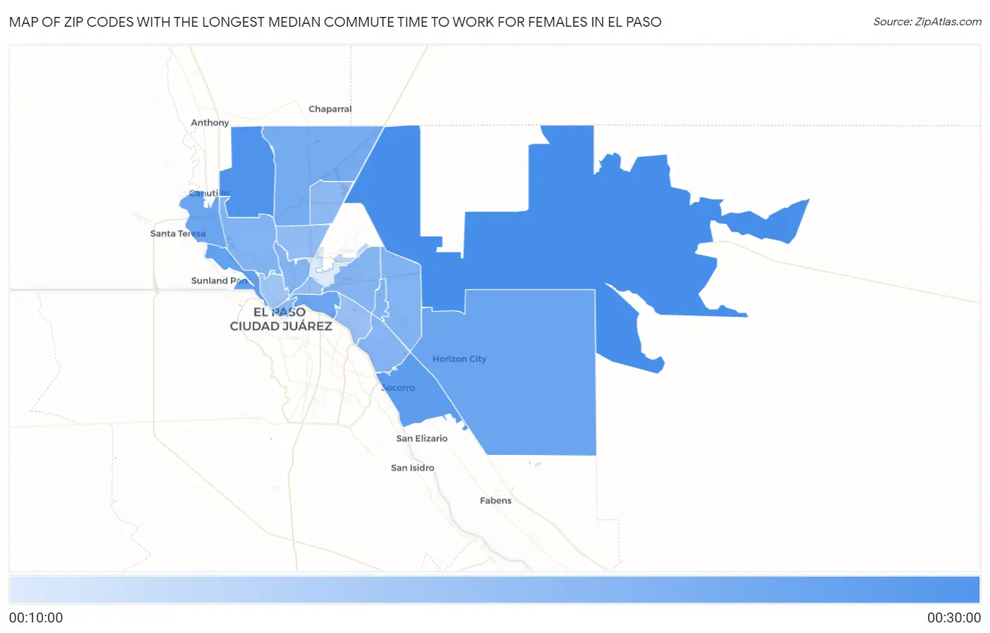 Zip Codes with the Longest Median Commute Time to Work for Females in El Paso Map