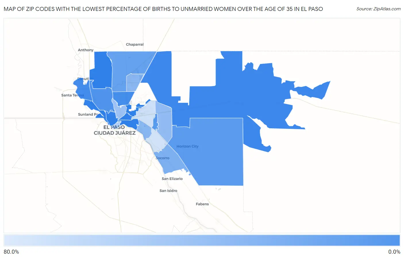 Zip Codes with the Lowest Percentage of Births to Unmarried Women over the Age of 35 in El Paso Map