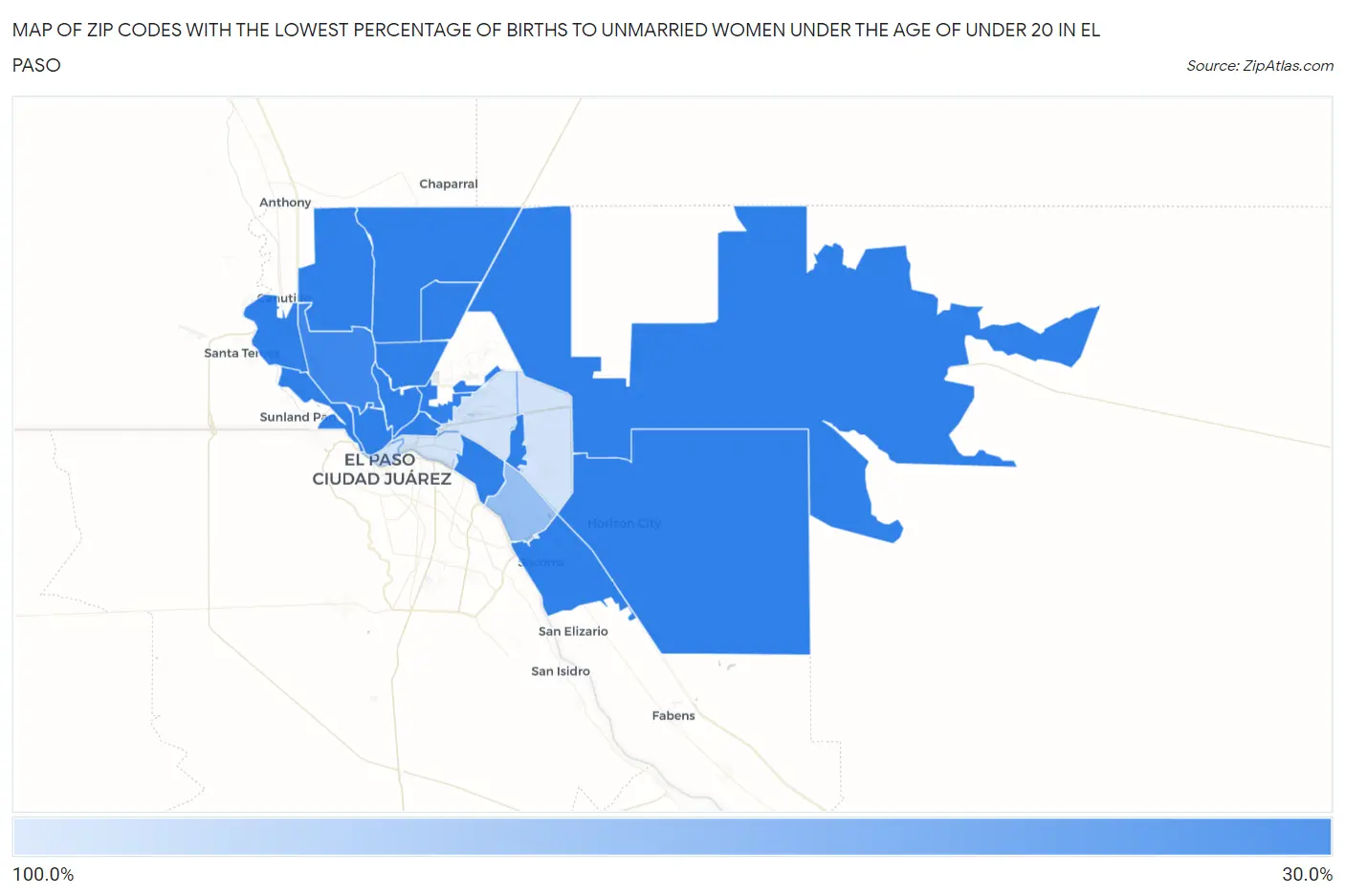 Zip Codes with the Lowest Percentage of Births to Unmarried Women under the Age of under 20 in El Paso Map