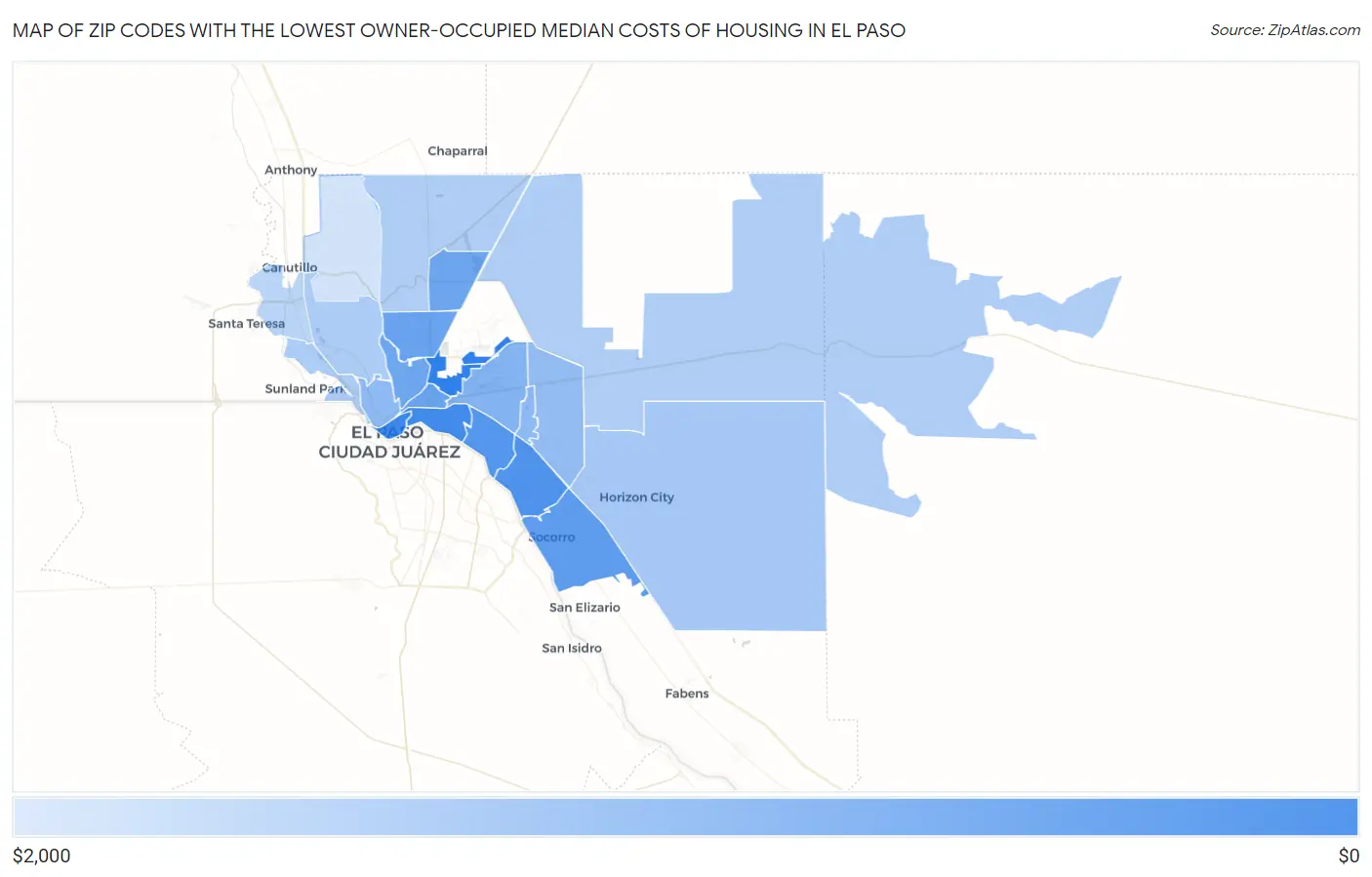 Zip Codes with the Lowest Owner-Occupied Median Costs of Housing in El Paso Map