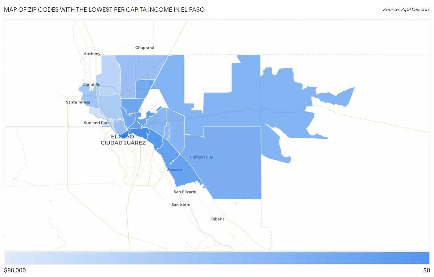 Zip Codes with the Lowest Per Capita Income in El Paso Map