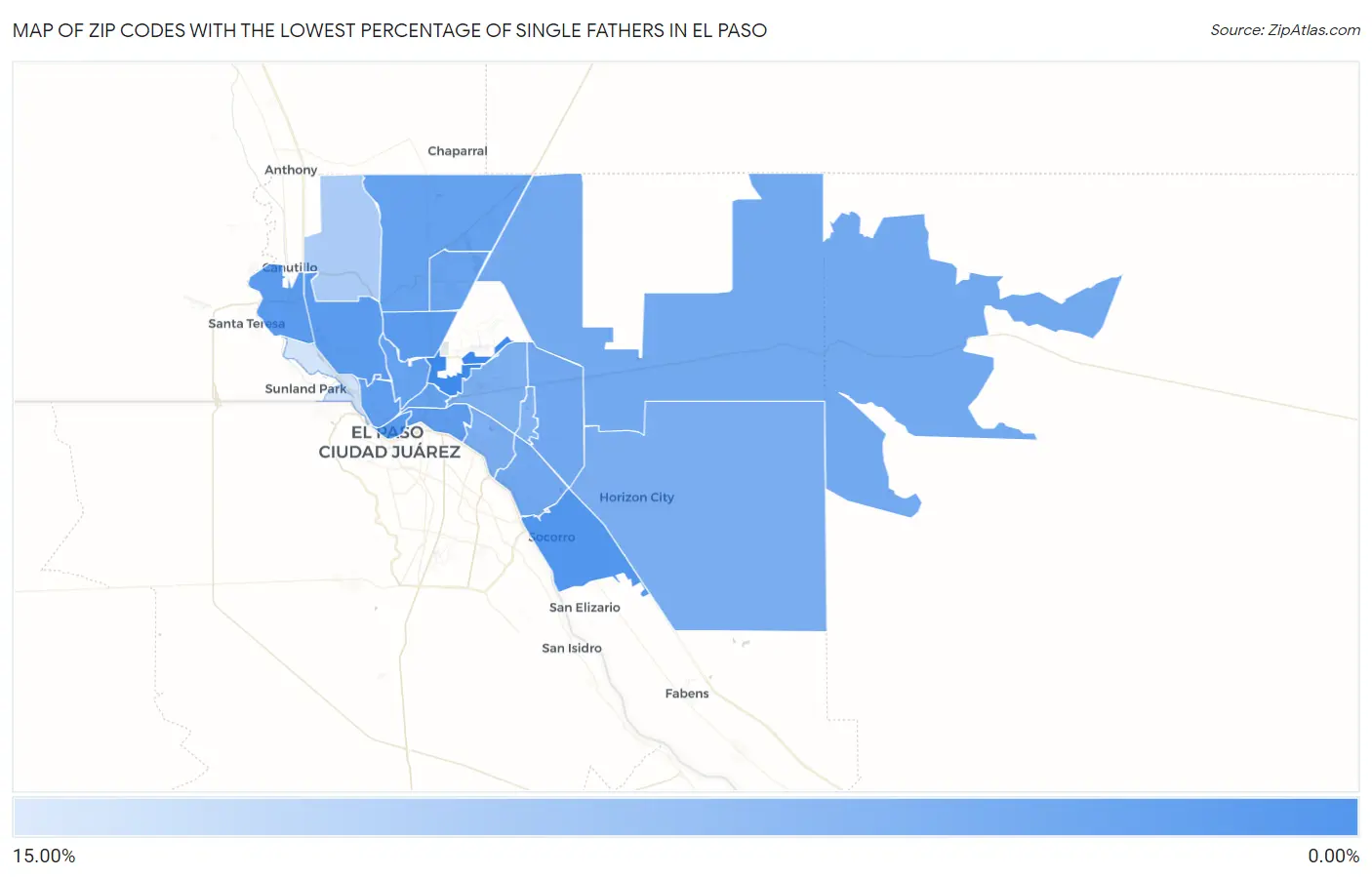 Zip Codes with the Lowest Percentage of Single Fathers in El Paso Map