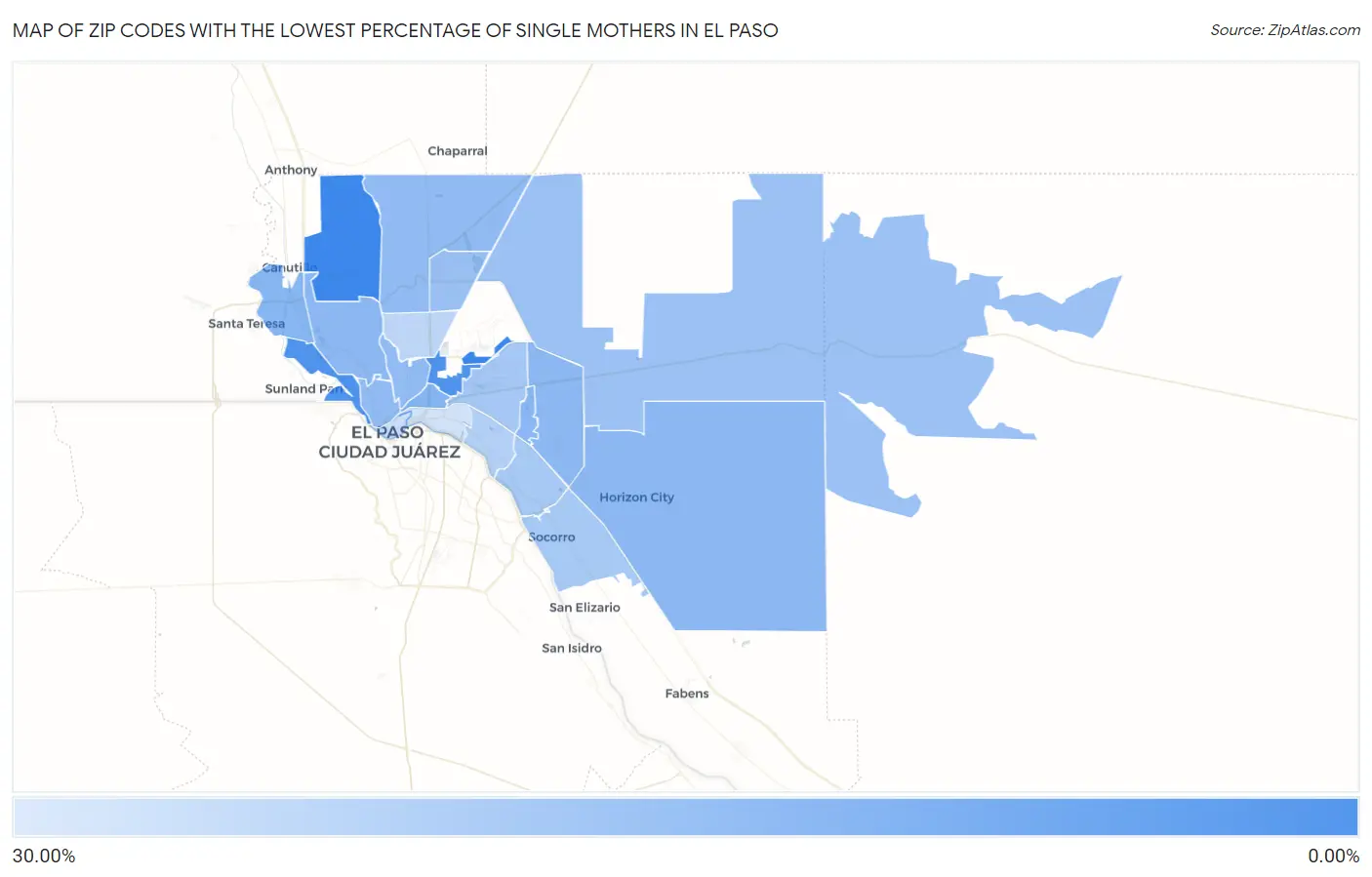Zip Codes with the Lowest Percentage of Single Mothers in El Paso Map