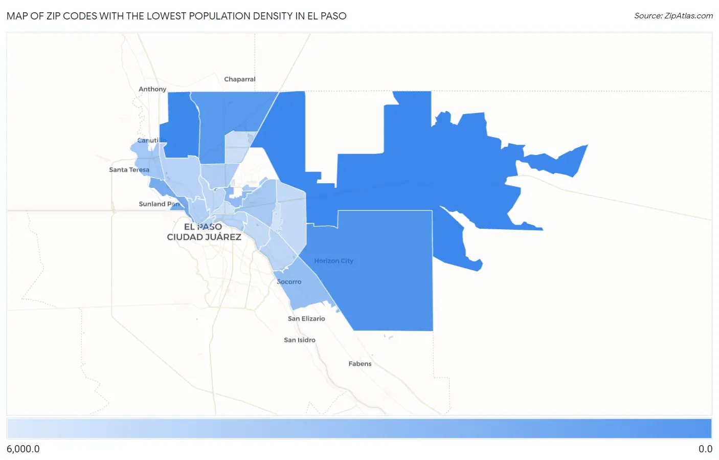 Zip Codes with the Lowest Population Density in El Paso Map