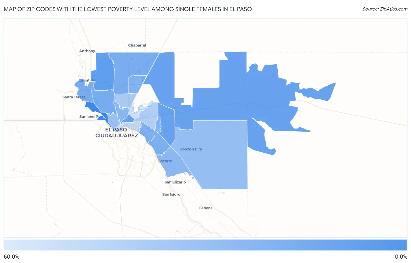 Zip Codes with the Lowest Poverty Level Among Single Females in El Paso Map