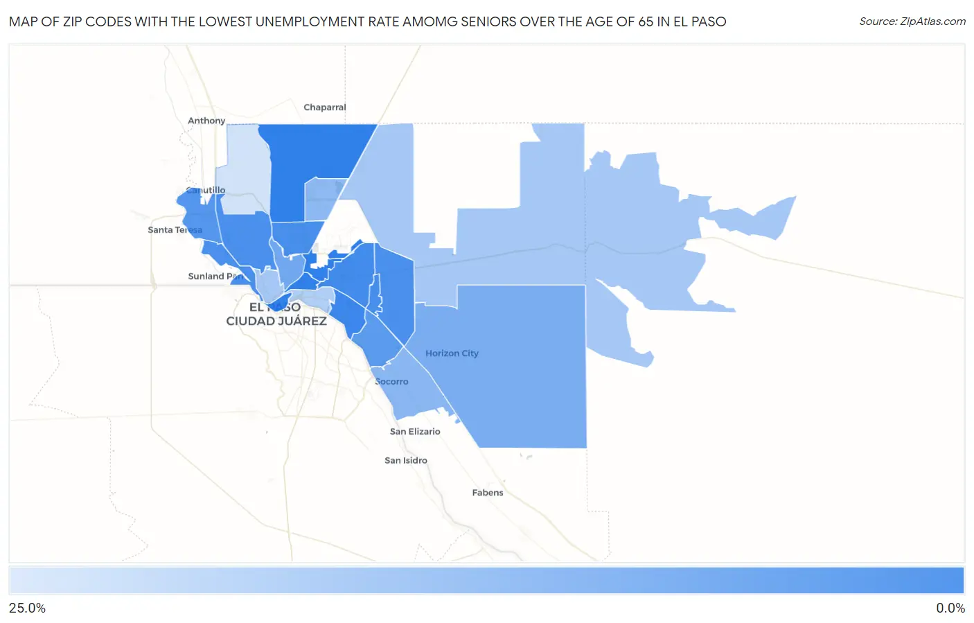 Zip Codes with the Lowest Unemployment Rate Amomg Seniors Over the Age of 65 in El Paso Map