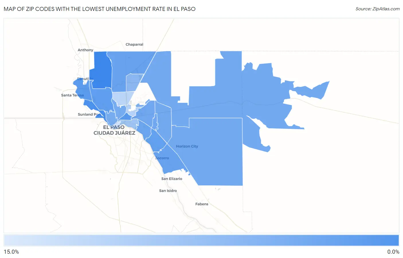 Zip Codes with the Lowest Unemployment Rate in El Paso Map