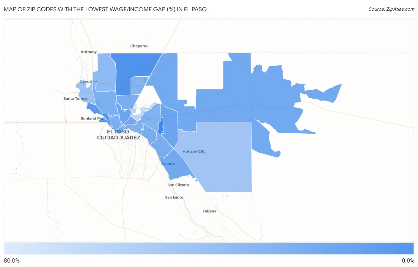 Zip Codes with the Lowest Wage/Income Gap (%) in El Paso Map
