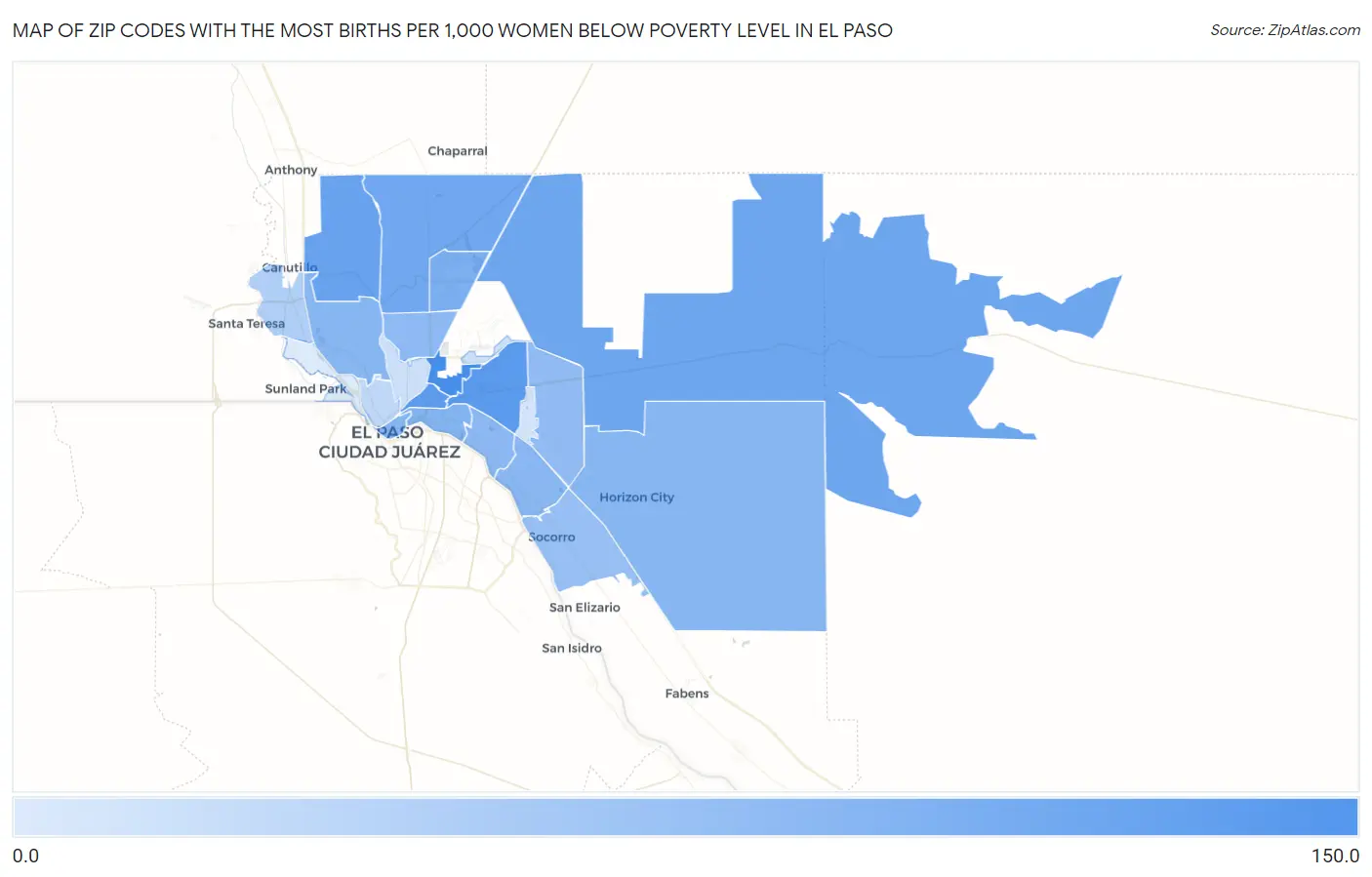 Zip Codes with the Most Births per 1,000 Women Below Poverty Level in El Paso Map