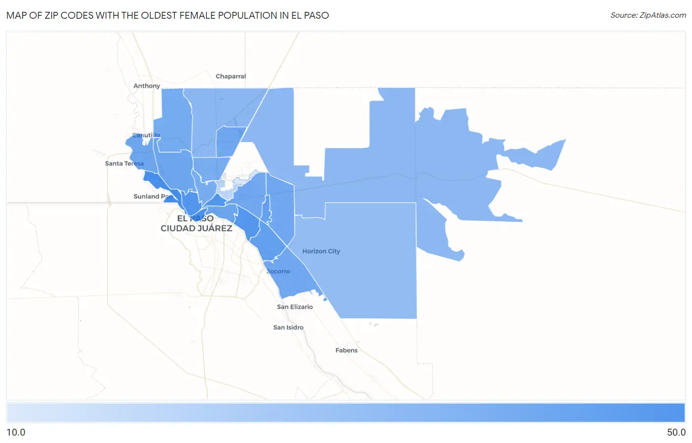 Zip Codes with the Oldest Female Population in El Paso Map