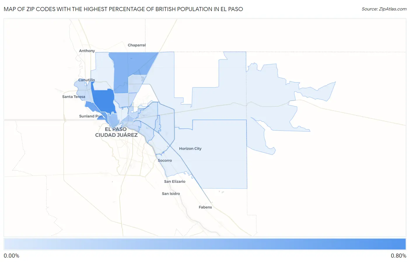 Zip Codes with the Highest Percentage of British Population in El Paso Map