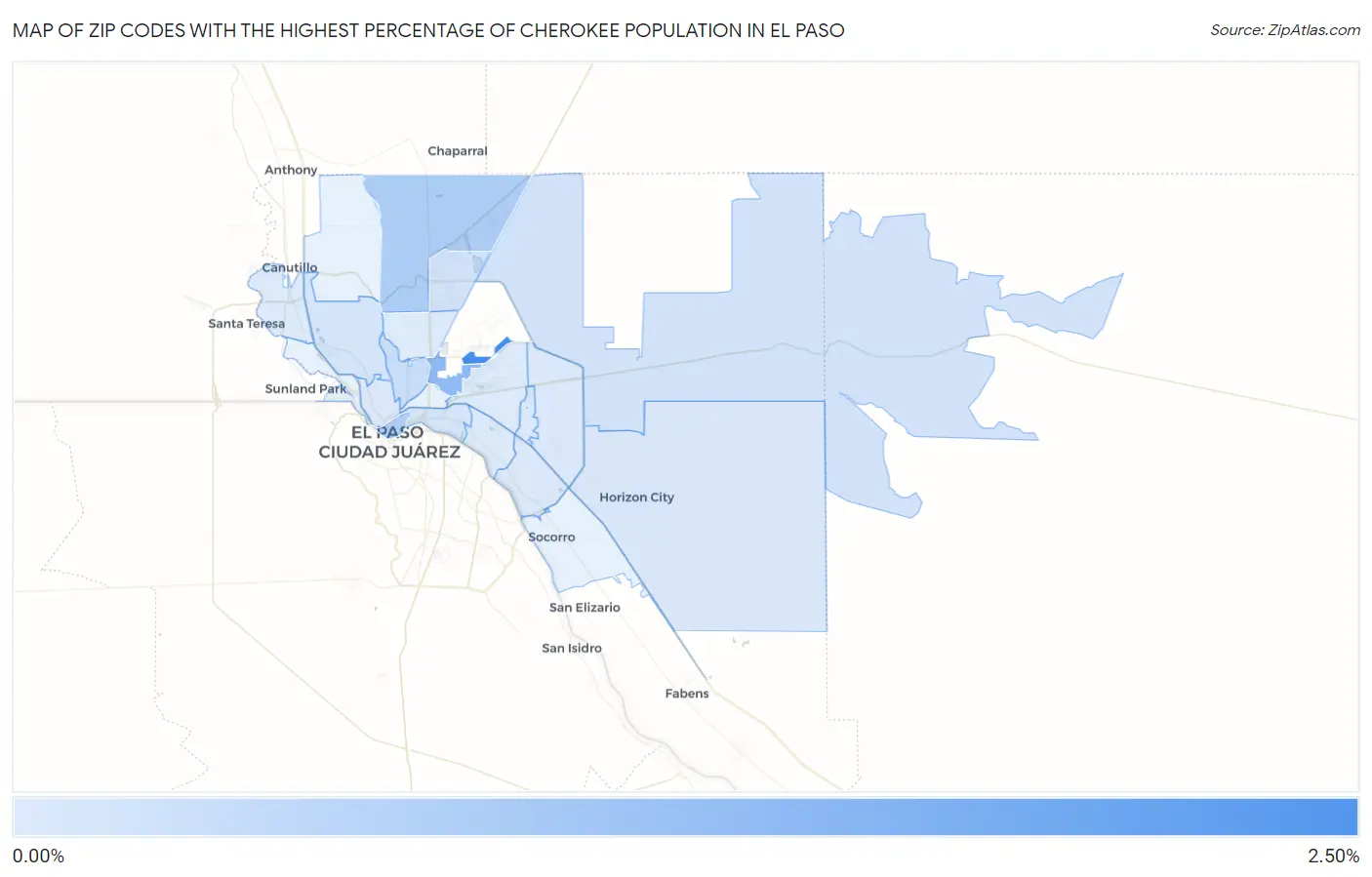 Zip Codes with the Highest Percentage of Cherokee Population in El Paso Map