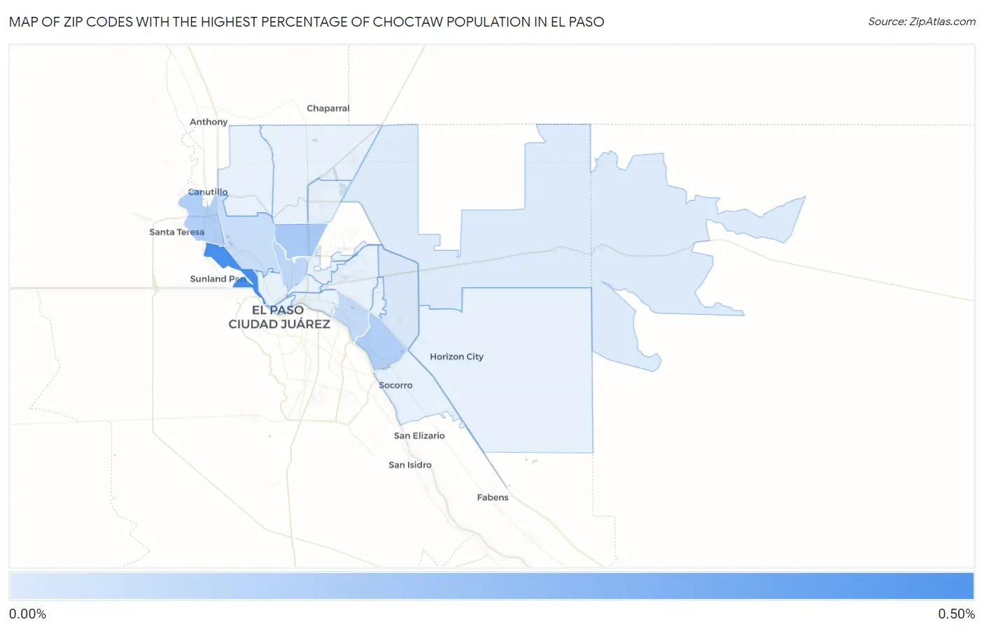 Zip Codes with the Highest Percentage of Choctaw Population in El Paso Map