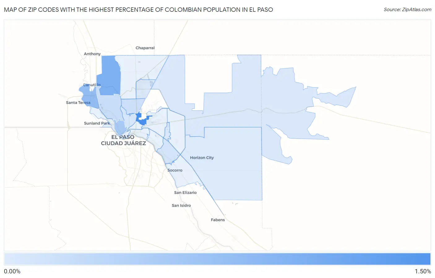 Zip Codes with the Highest Percentage of Colombian Population in El Paso Map
