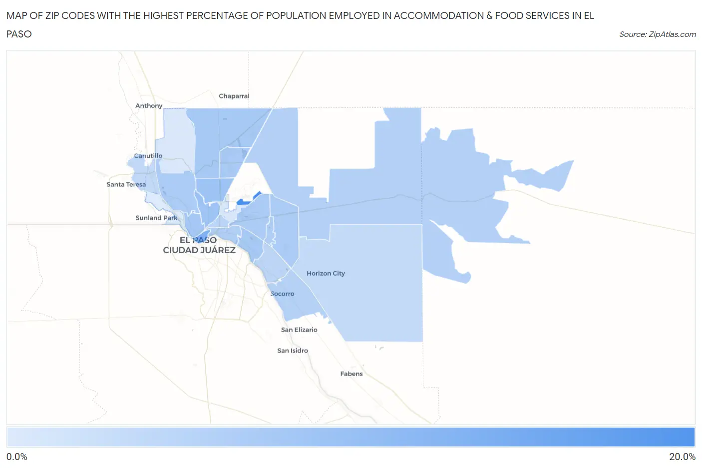 Zip Codes with the Highest Percentage of Population Employed in Accommodation & Food Services in El Paso Map