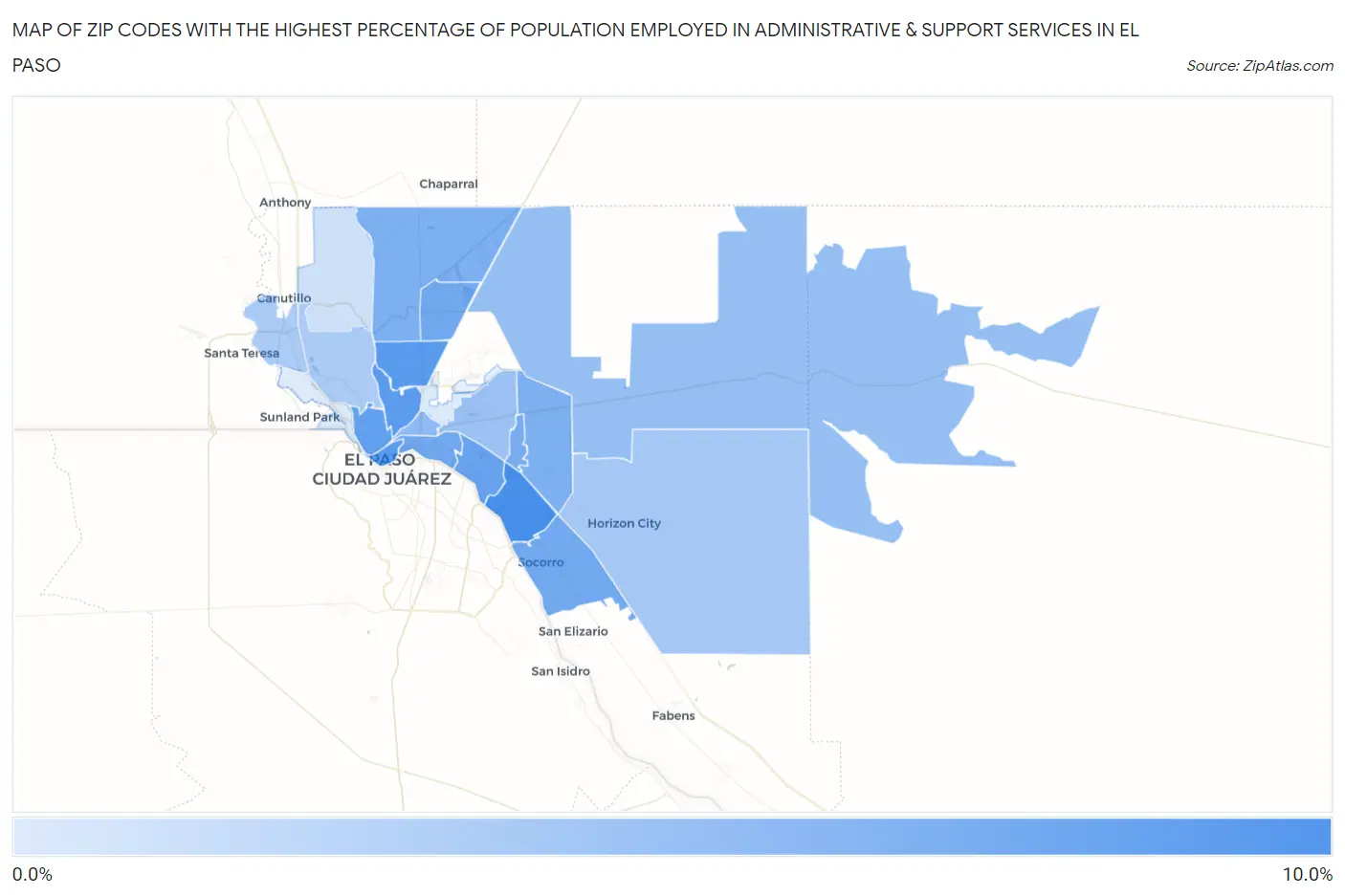 Zip Codes with the Highest Percentage of Population Employed in Administrative & Support Services in El Paso Map