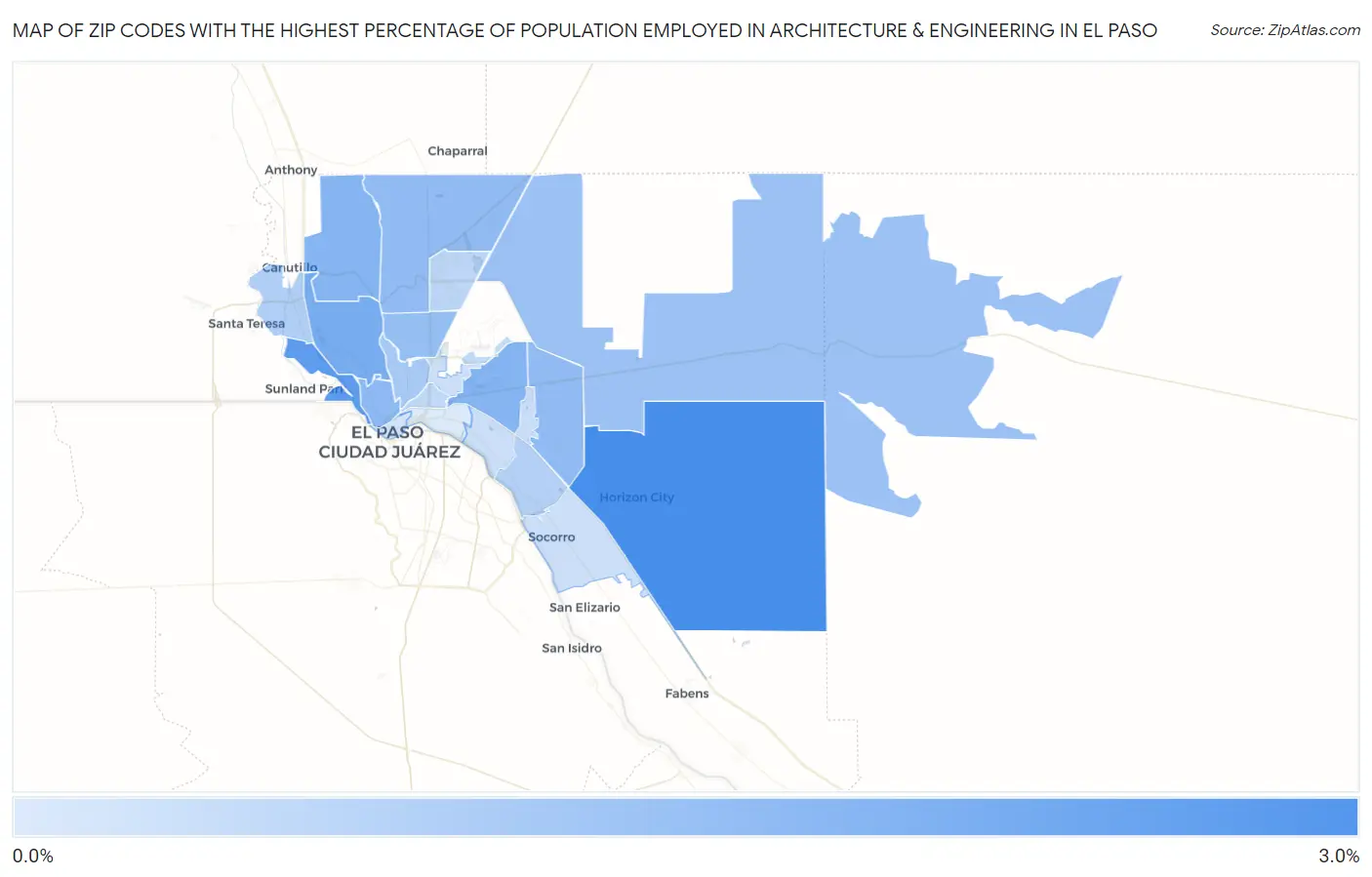 Zip Codes with the Highest Percentage of Population Employed in Architecture & Engineering in El Paso Map