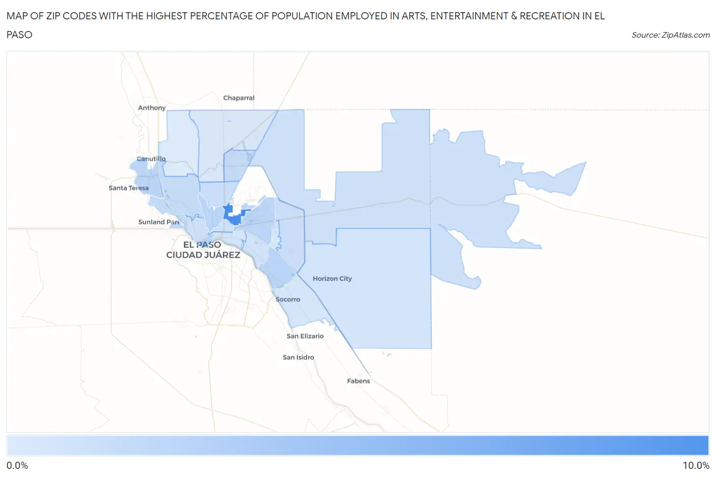 Zip Codes with the Highest Percentage of Population Employed in Arts, Entertainment & Recreation in El Paso Map