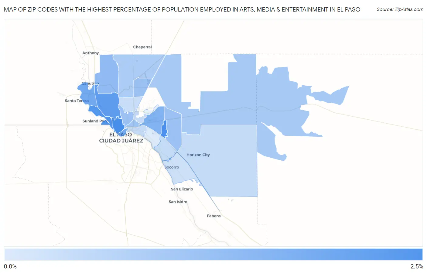 Zip Codes with the Highest Percentage of Population Employed in Arts, Media & Entertainment in El Paso Map