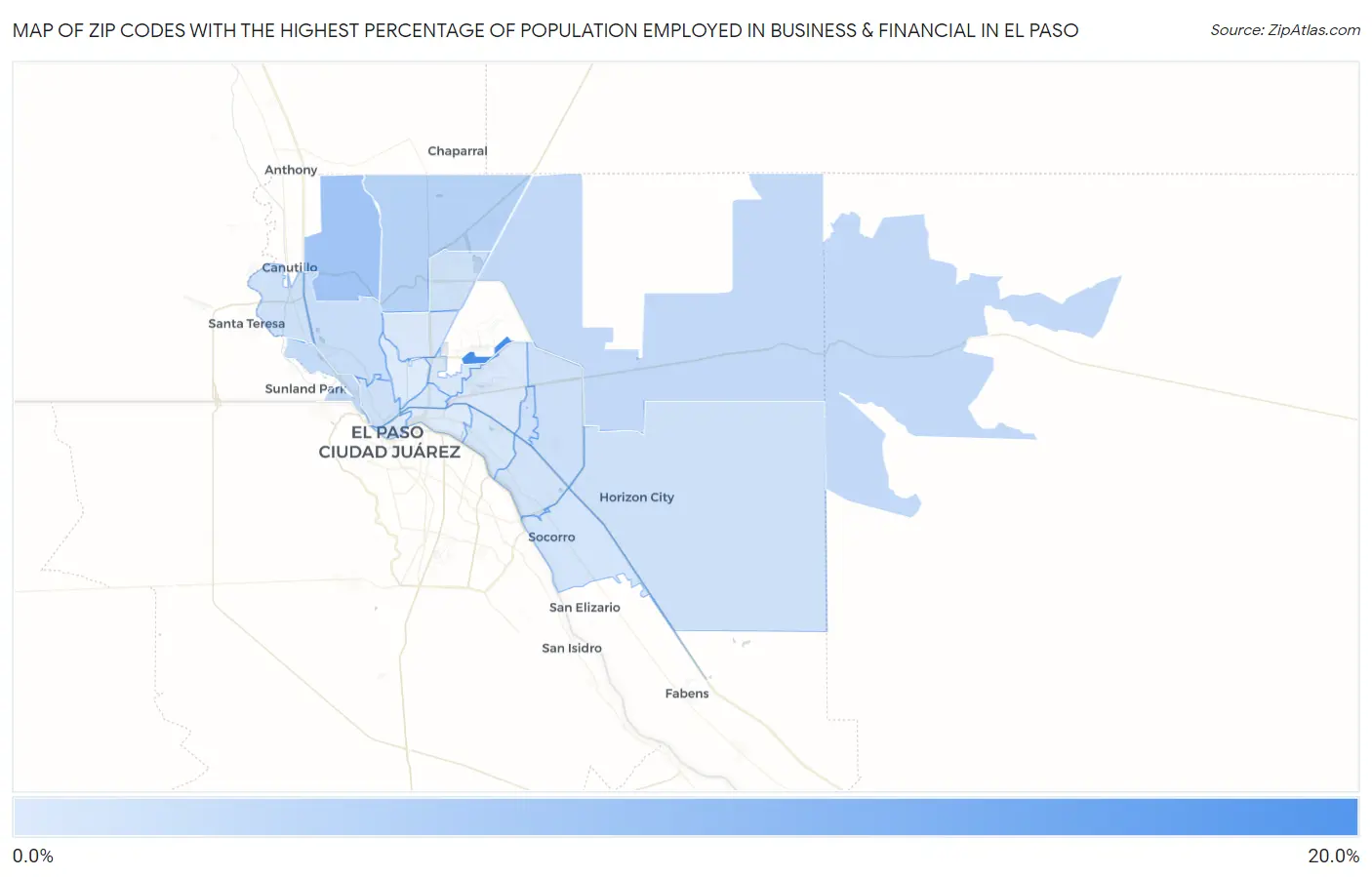 Zip Codes with the Highest Percentage of Population Employed in Business & Financial in El Paso Map