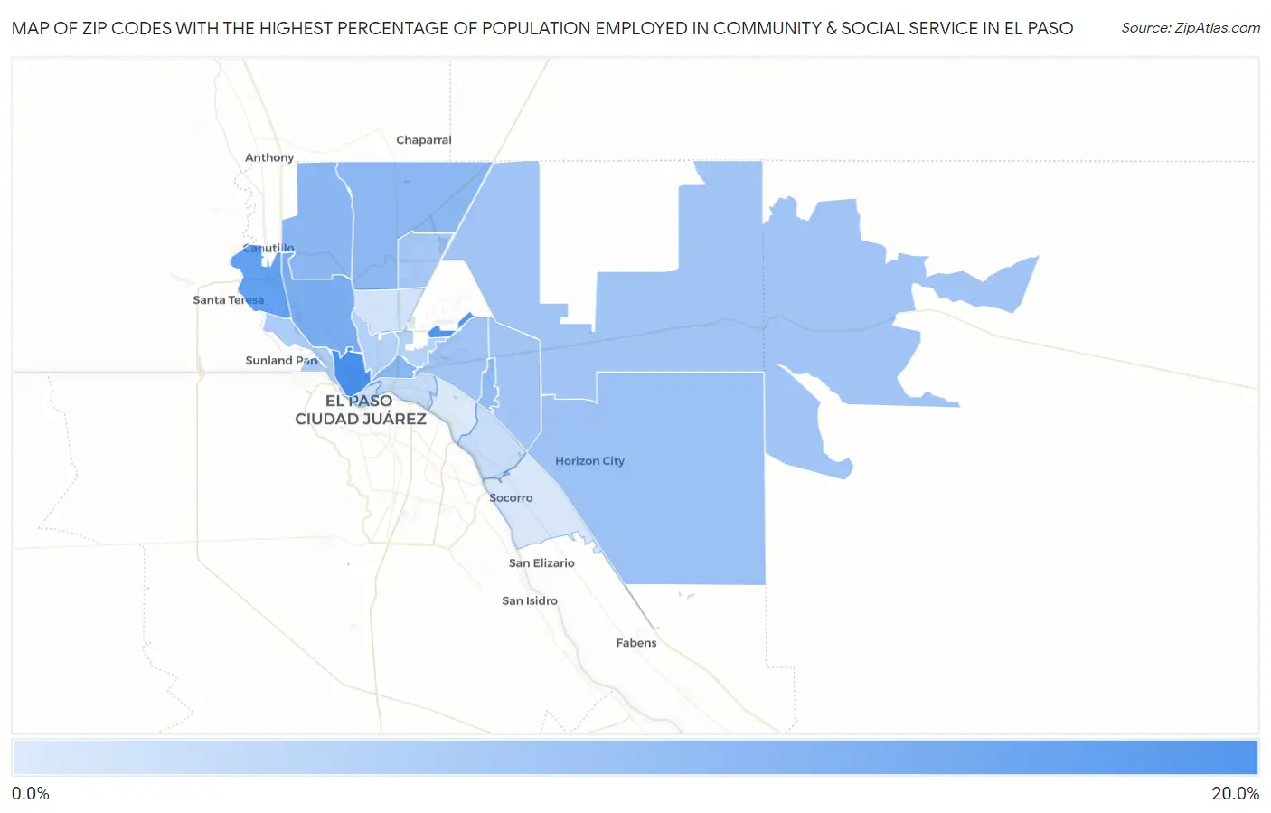 Zip Codes with the Highest Percentage of Population Employed in Community & Social Service  in El Paso Map