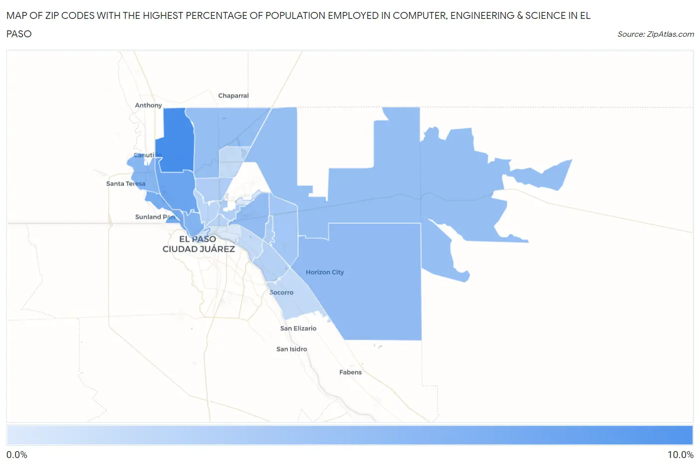 Zip Codes with the Highest Percentage of Population Employed in Computer, Engineering & Science in El Paso Map